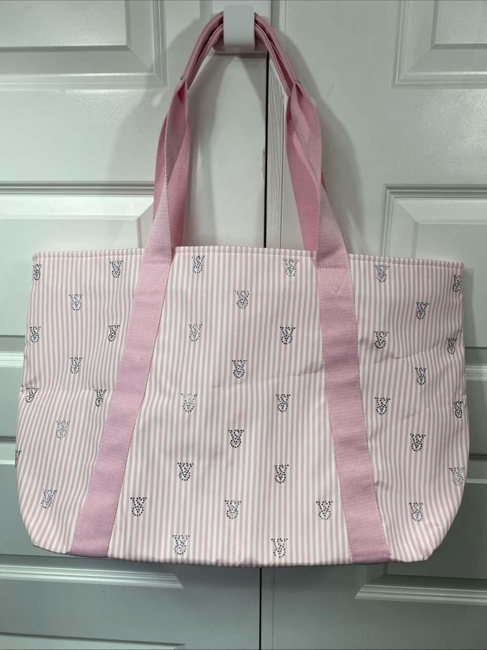 Victoria’s Secret Pink White Striped Tote Bag Bling Gem Lined Double Handle Larg